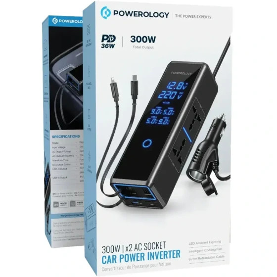 اینورتر فندکی خودرو 300 واتی پاورولوژی با صفحه نمایش و کابل جمع شونده مدل PWCPI300