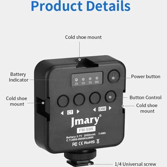 نور LED جی ماری Jmary FM-59R | ویدیو لایت قابل شارژ تولید محتوا و عکاسی
