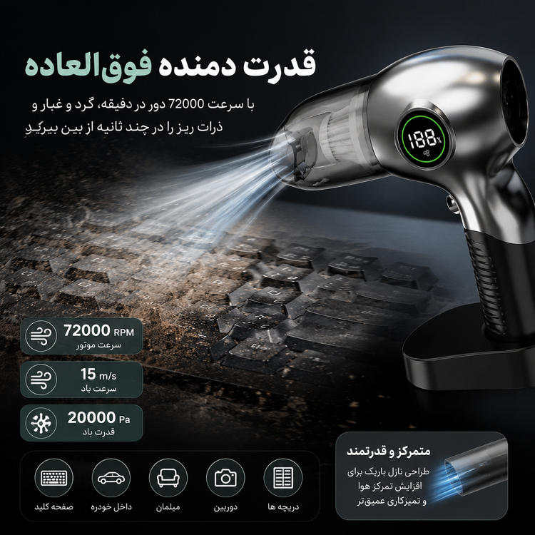 جارو شارژی ۳ کاره گرین لاین مدل GB-196X با قدرت ۹۵ وات