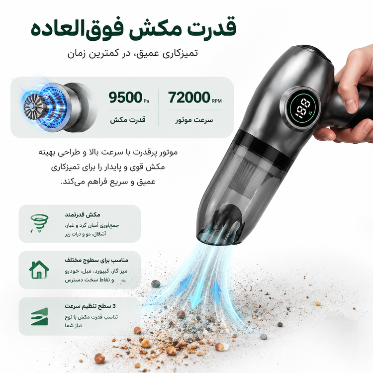 جارو شارژی ۳ کاره گرین لاین مدل GB-196X با قدرت ۹۵ وات