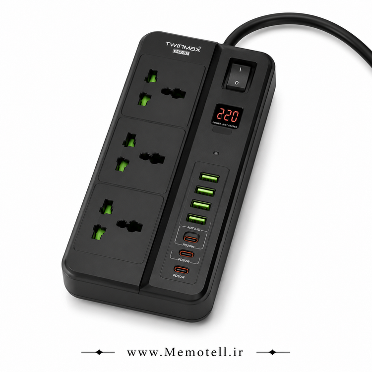چندراهی برق و محافظ ولتاژ تویین مکس مدل MX-61 با 3 پریز، 4 پورت USB و 2 پورت TYPE-C