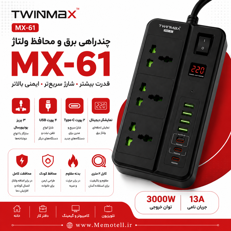 چندراهی برق و محافظ ولتاژ تویین مکس مدل MX-61 با 3 پریز، 4 پورت USB و 2 پورت TYPE-C