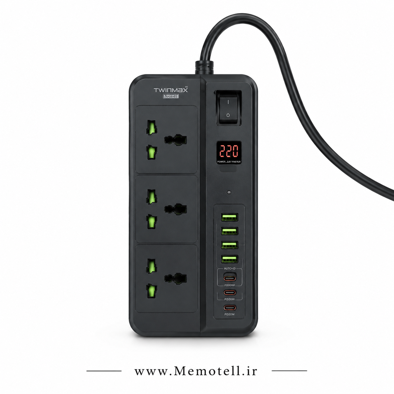 چندراهی برق و محافظ ولتاژ تویین مکس مدل MX-61 با 3 پریز، 4 پورت USB و 2 پورت TYPE-C