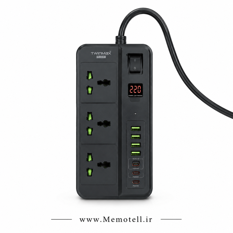 چندراهی برق و محافظ ولتاژ تویین مکس مدل MX-61 با 3 پریز، 4 پورت USB و 2 پورت TYPE-C