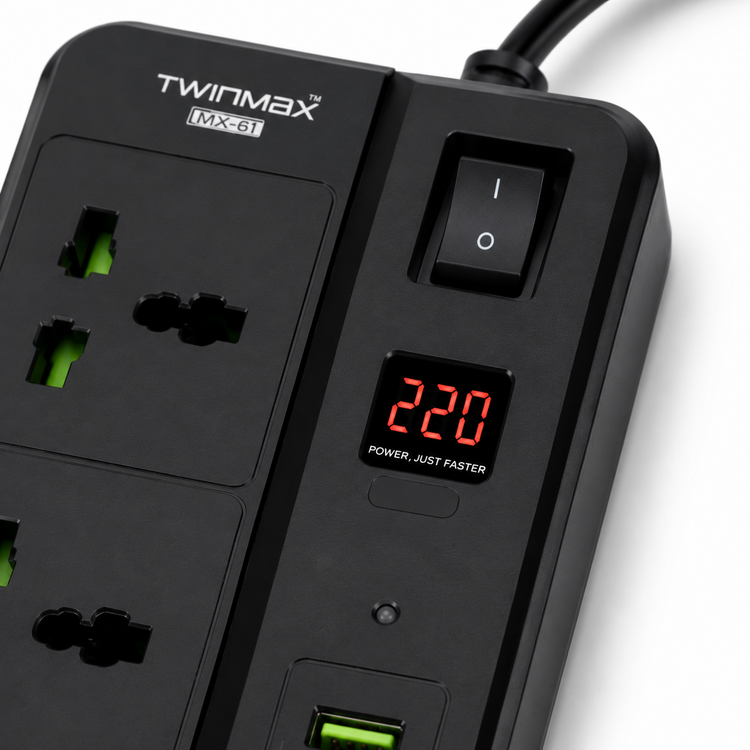 چندراهی برق و محافظ ولتاژ تویین مکس مدل MX-61 با 3 پریز، 4 پورت USB و 2 پورت TYPE-C