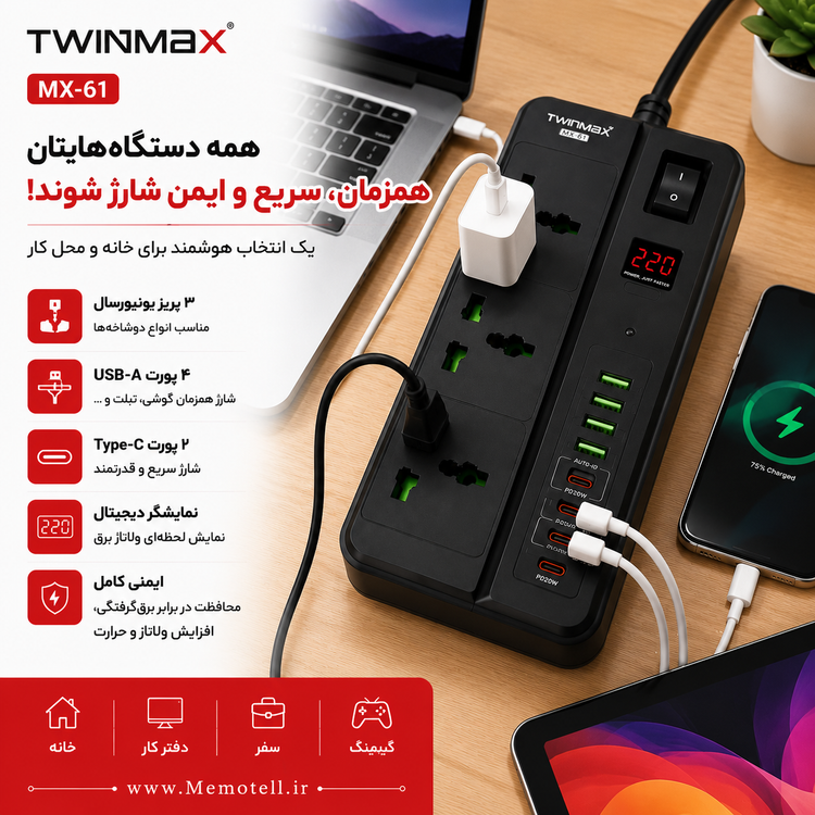 چندراهی برق و محافظ ولتاژ تویین مکس مدل MX-61 با 3 پریز، 4 پورت USB و 2 پورت TYPE-C