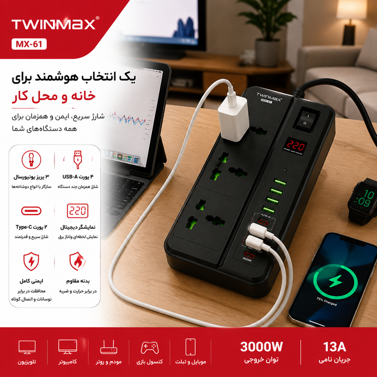 چندراهی برق و محافظ ولتاژ تویین مکس مدل MX-61 با 3 پریز، 4 پورت USB و 2 پورت TYPE-C