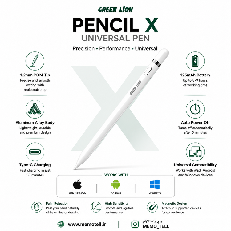 قلم هوشمند گرین لاین Pencil X Universal Pen مدل GNPNCLX2N1WH