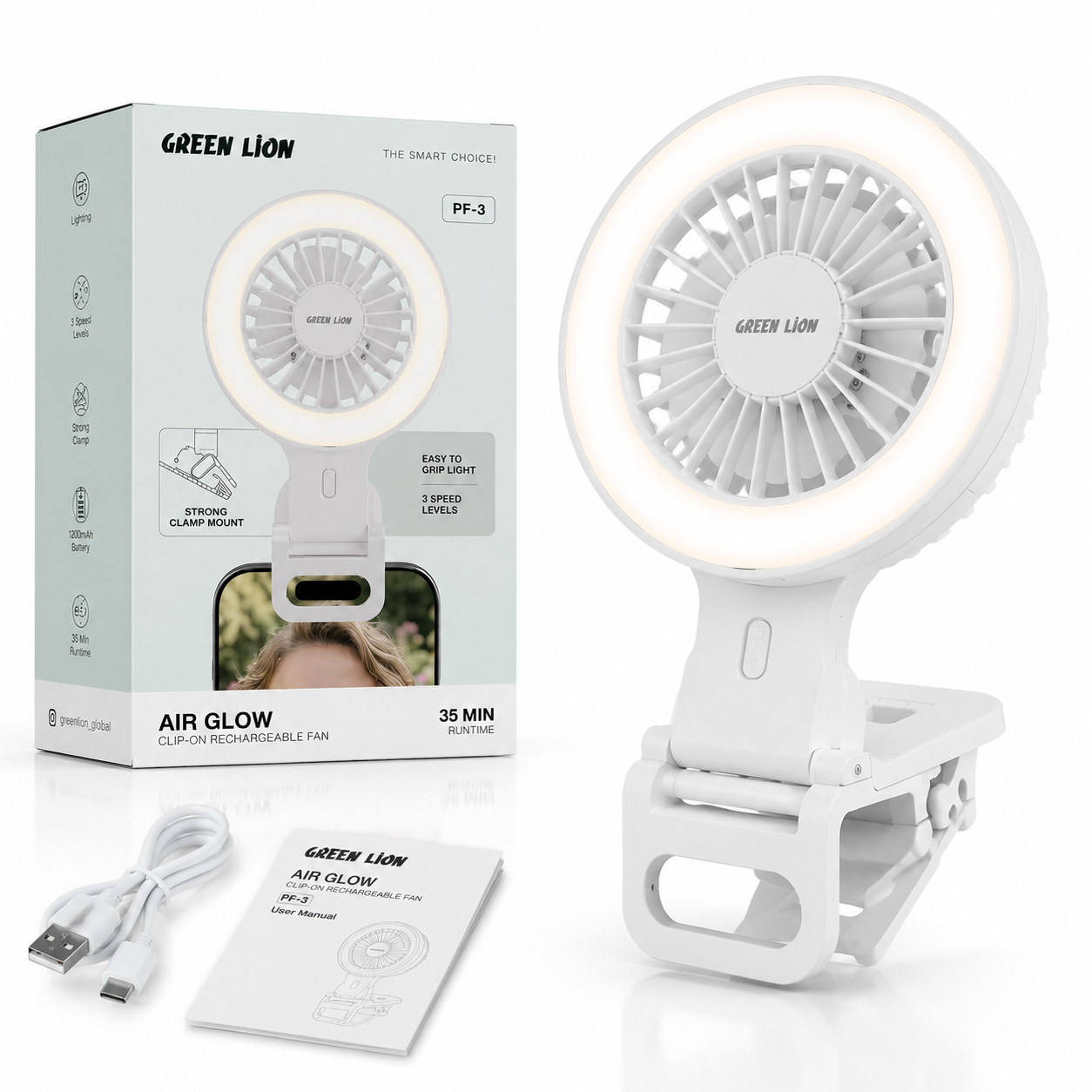 پنکه شارژی گیره‌ای گرین لاین مدل Air Glow PF-3 با نور LED
