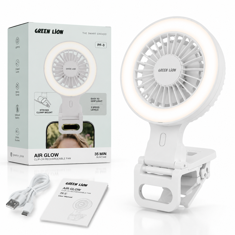 پنکه شارژی گیرهای گرین لاین مدل Air Glow PF-3 با نور LED