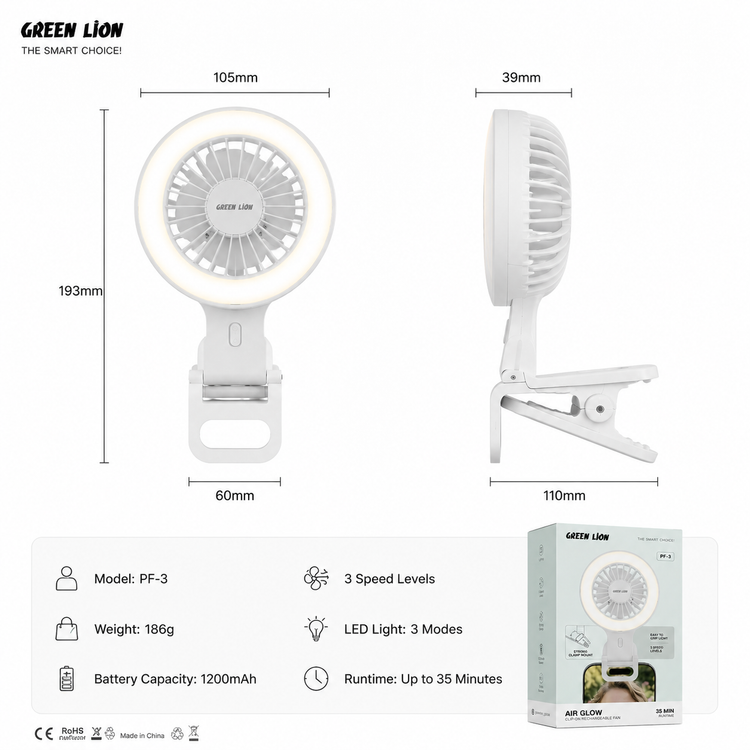 پنکه شارژی گیرهای گرین لاین مدل Air Glow PF-3 با نور LED