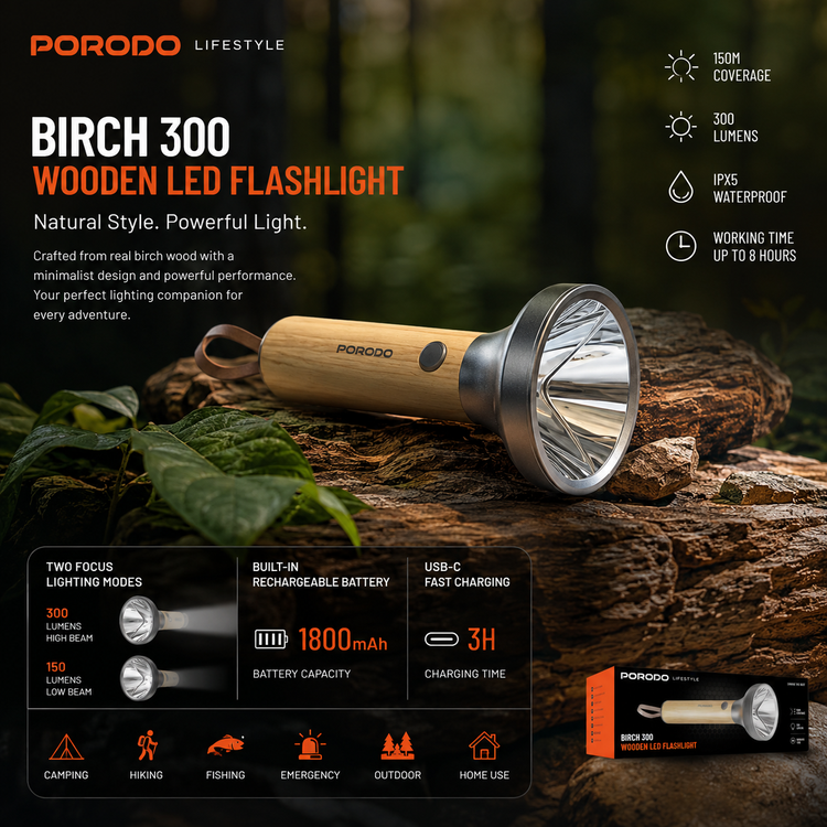 چراغ قوه چوبی پرودو مدل Birch300 با لامپ LED