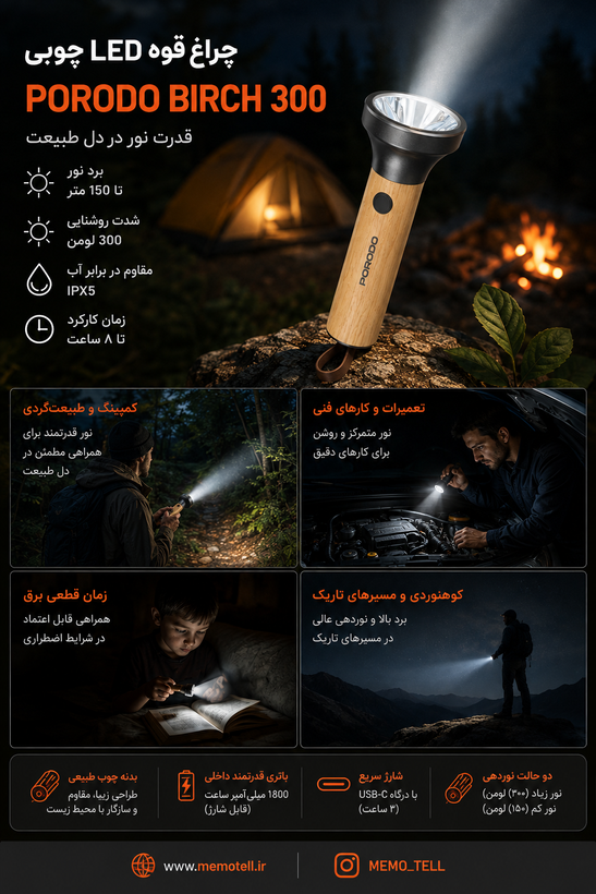 چراغ قوه چوبی پرودو مدل Birch300 با لامپ LED