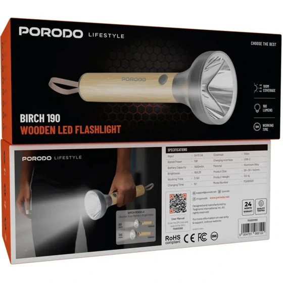 چراغ قوه چوبی پرودو مدل Birch 190 با لامپ LED