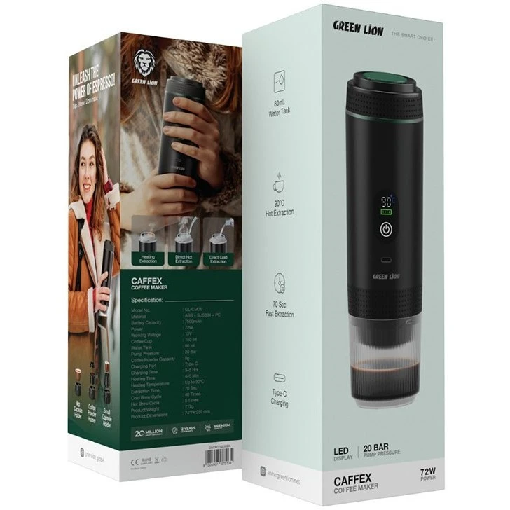 اسپرسوساز و قهوهساز شارژی قابل حمل گرین لاین مدل CAFFEX با فشار 20 بار