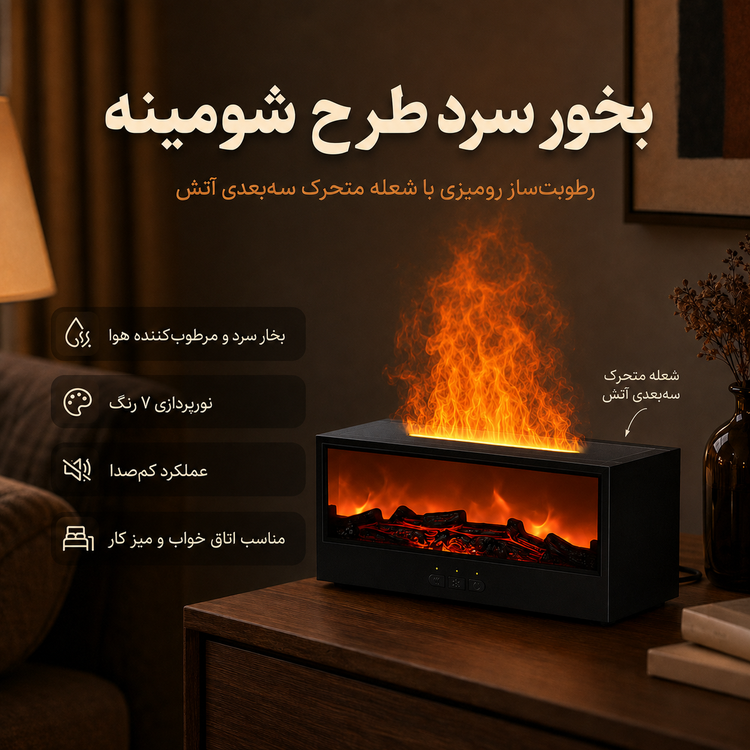 بخور سرد و رطوبتساز طرح شومینه با شعله متحرک سهبعدی و نورپردازی چندرنگ