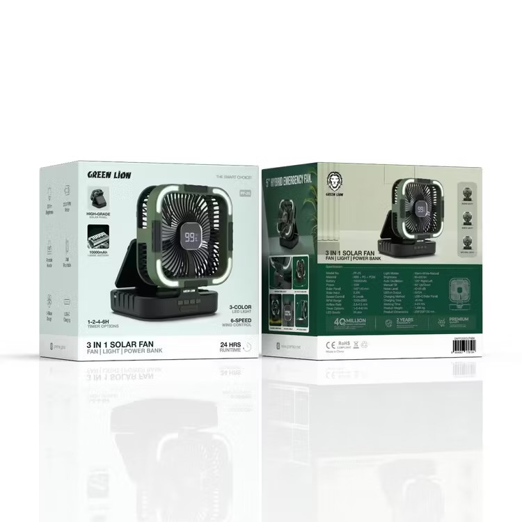 پنکه خورشیدی ۳ کاره گرین لاین Green Lion مدل GNPF25SOLFNBK | پنکه، چراغ LED و پاوربانک 10000 میلیآمپر