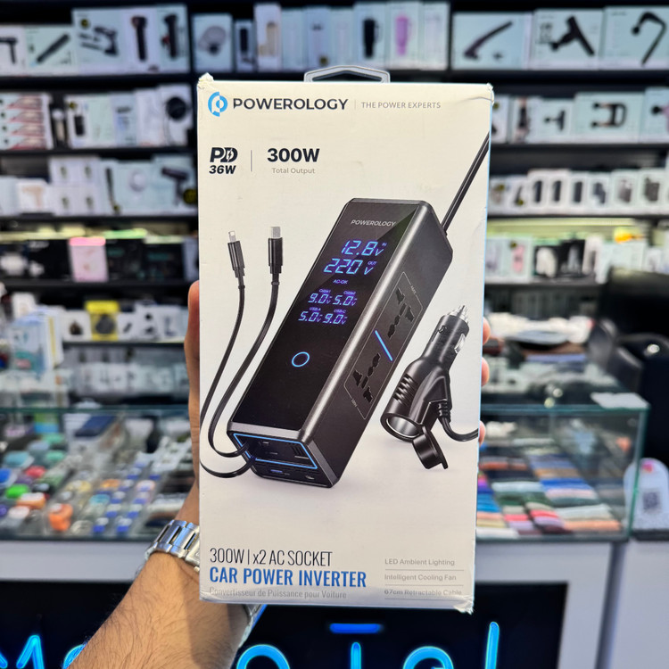 اینورتر فندکی خودرو 300 واتی پاورولوژی با صفحه نمایش و کابل جمع شونده مدل PWCPI300