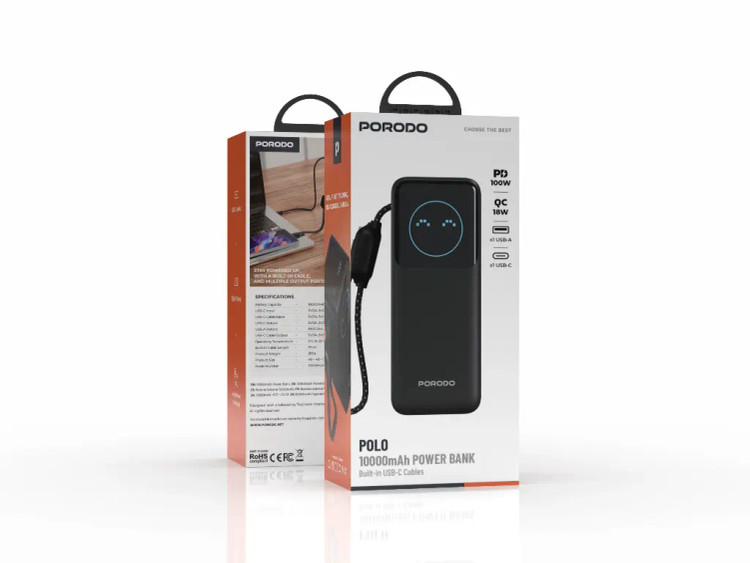 پاوربانک ۱۰۰۰۰ میلیآمپر Porodo POLO با کابل داخلی USB-C و توان شارژ ۱۰۰وات