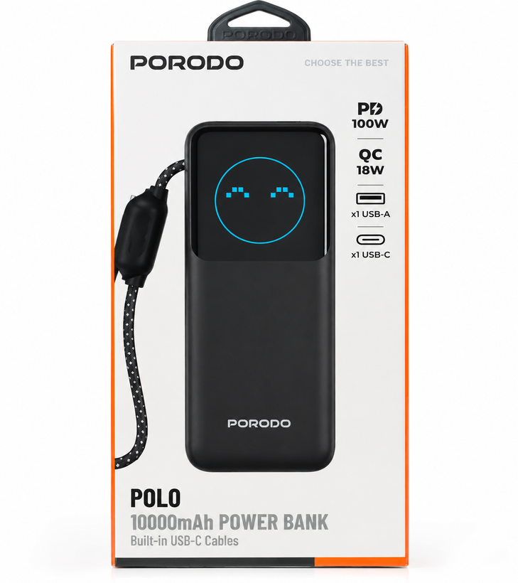 پاوربانک ۱۰۰۰۰ میلیآمپر Porodo POLO با کابل داخلی USB-C و توان شارژ ۱۰۰وات