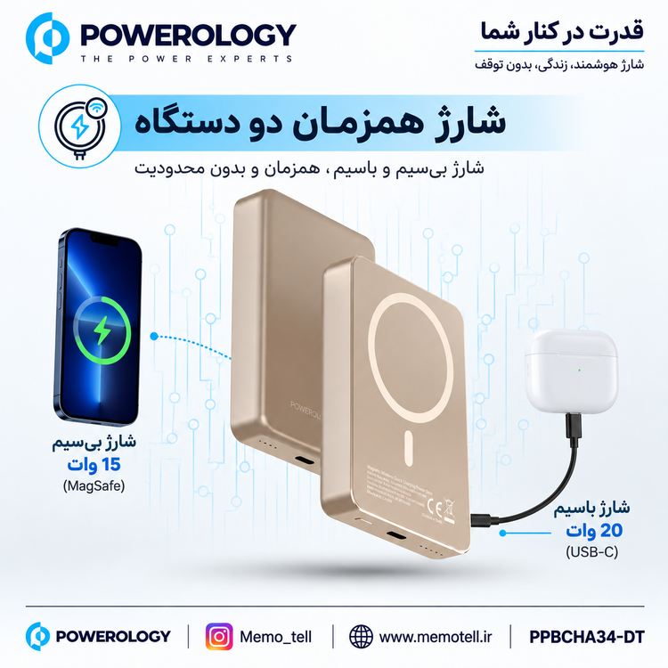 پاوربانک پاورولوجی MAGSAFE ALUMINUM ظرفیت ۱۰ هزار میلی آمپر