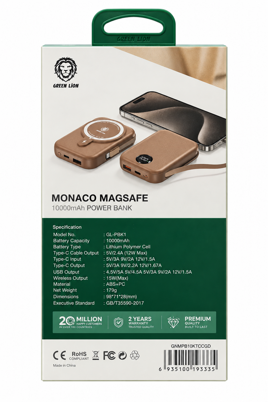 پاوربانک مگسیف Green Lion Monaco ظرفیت 10000 میلیآمپر ساعت، PD 20W و شارژ بیسیم 15W