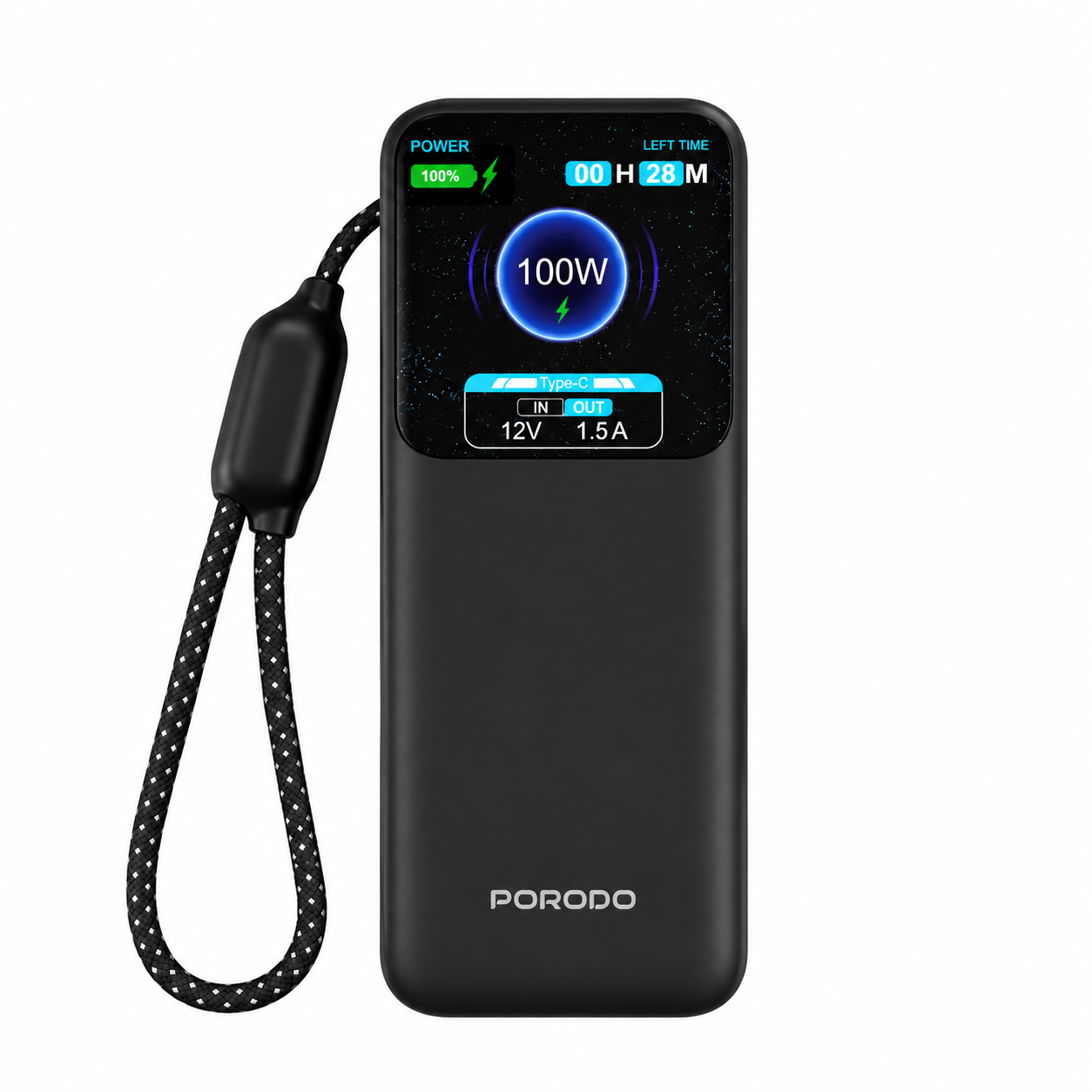 پاوربانک ۱۰۰۰۰ میلی‌آمپر Porodo POLO با کابل داخلی USB-C و توان شارژ ۱۰۰وات