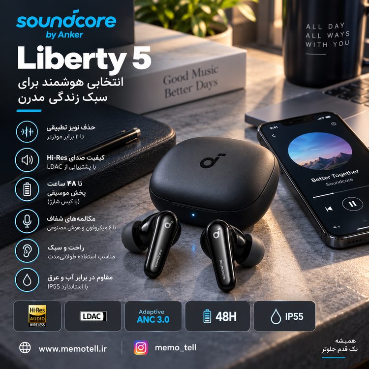 هدفون بلوتوثی انکر مدل Soundcore Liberty 5 با نویز کنسلینگ فعال (ANC)، درگاه شارژ USB Type-C، تا 30 ساعت زمان پخش موسیقی، دارای سنسور نوری داخل گوش و مقاوم در برابر رطوبت و عرق