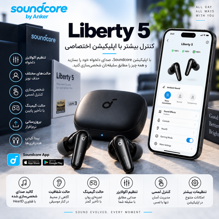 هدفون بلوتوثی انکر مدل Soundcore Liberty 5 با نویز کنسلینگ فعال (ANC)، درگاه شارژ USB Type-C، تا 30 ساعت زمان پخش موسیقی، دارای سنسور نوری داخل گوش و مقاوم در برابر رطوبت و عرق