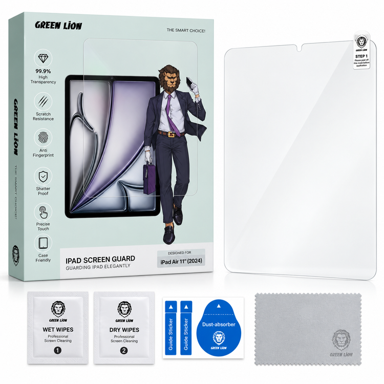 محافظ صفحه نمایش Green Lion برای iPad Air 11 اینچ 2024 به همراه گلس شفاف و لوازم نصب و تمیزکاری محافظ صفحه