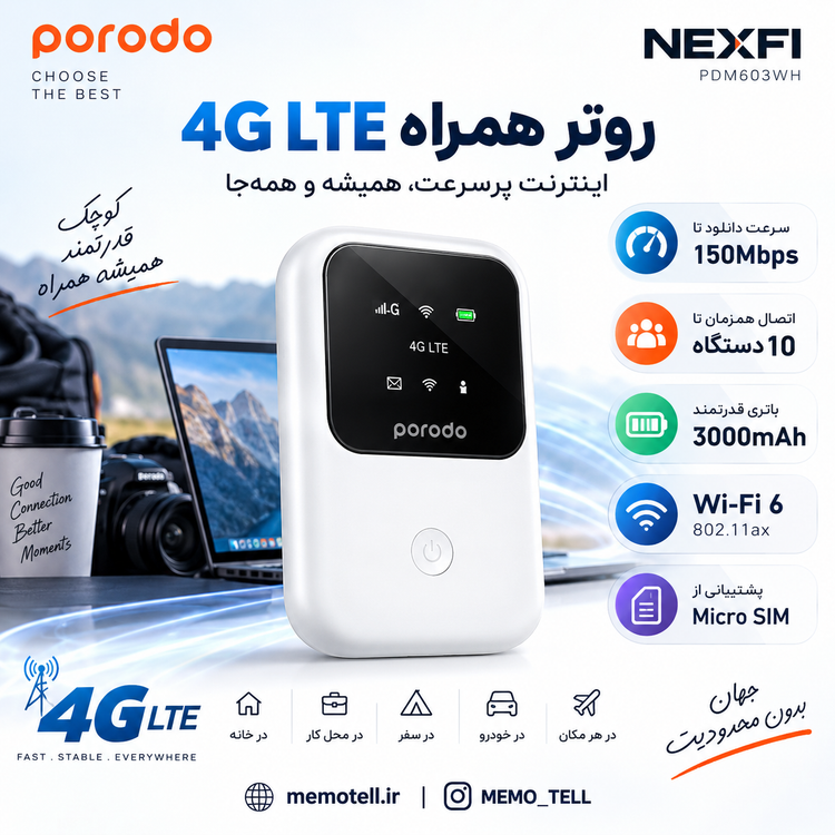 مودم همراه پورودو مدل PDM603 ظرفیت ۳۰۰۰ میلیآمپر